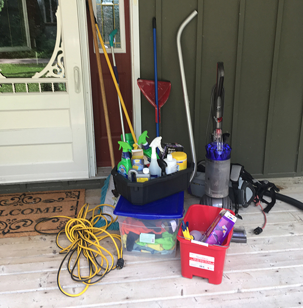 Mobile cleaning equipment ready for a cottage cleaning visit